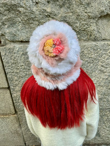 COSiii Hand-woven rabbit fur hat with woolen flower decoration