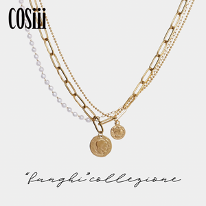 COSiii 18k gold plated three layer necklace with pearl and coin decoration