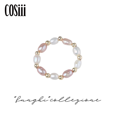 Anello Elastico con Perle Naturali Bianche e Rosa – Dettagli in Oro 14K, Taglia Unica