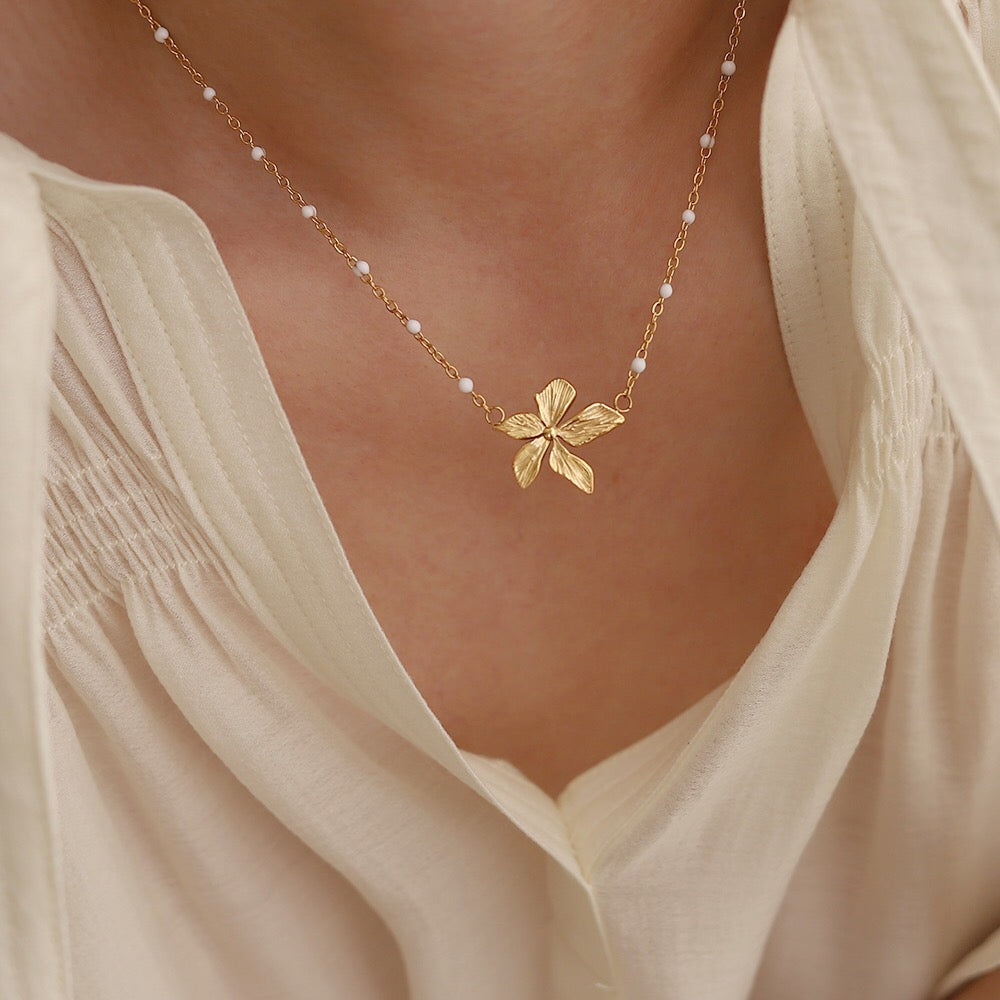 COSiii 14k gold plated white bead petal necklace