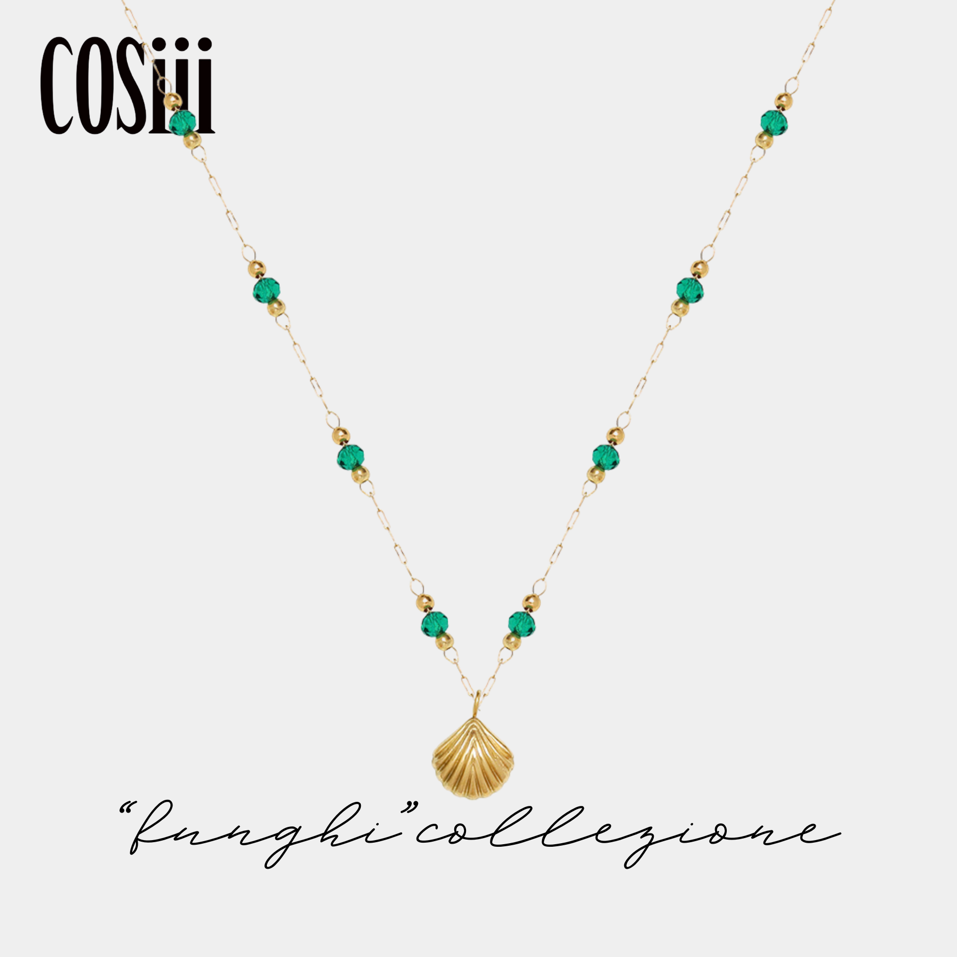 COSiii 18k gold plated ultra-fine necklace with green mini beads and small shell pendant