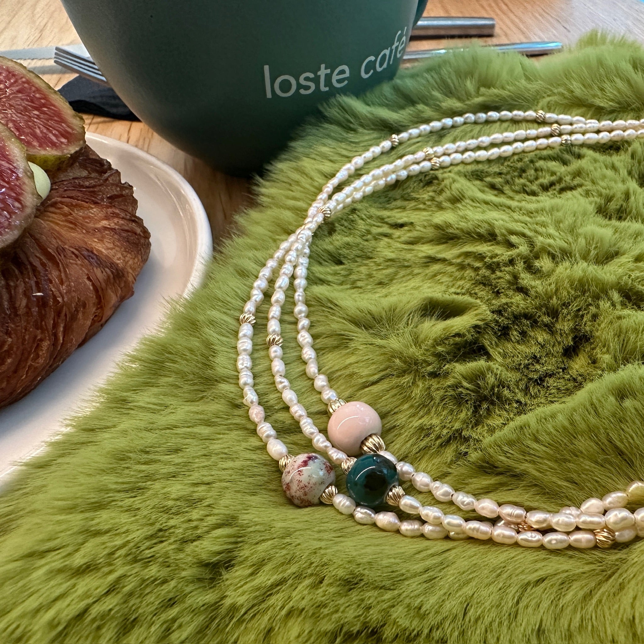 Handmade Green Jade & White Keshi Pearl Necklace - Gold Plated Pendant, Natural Stone