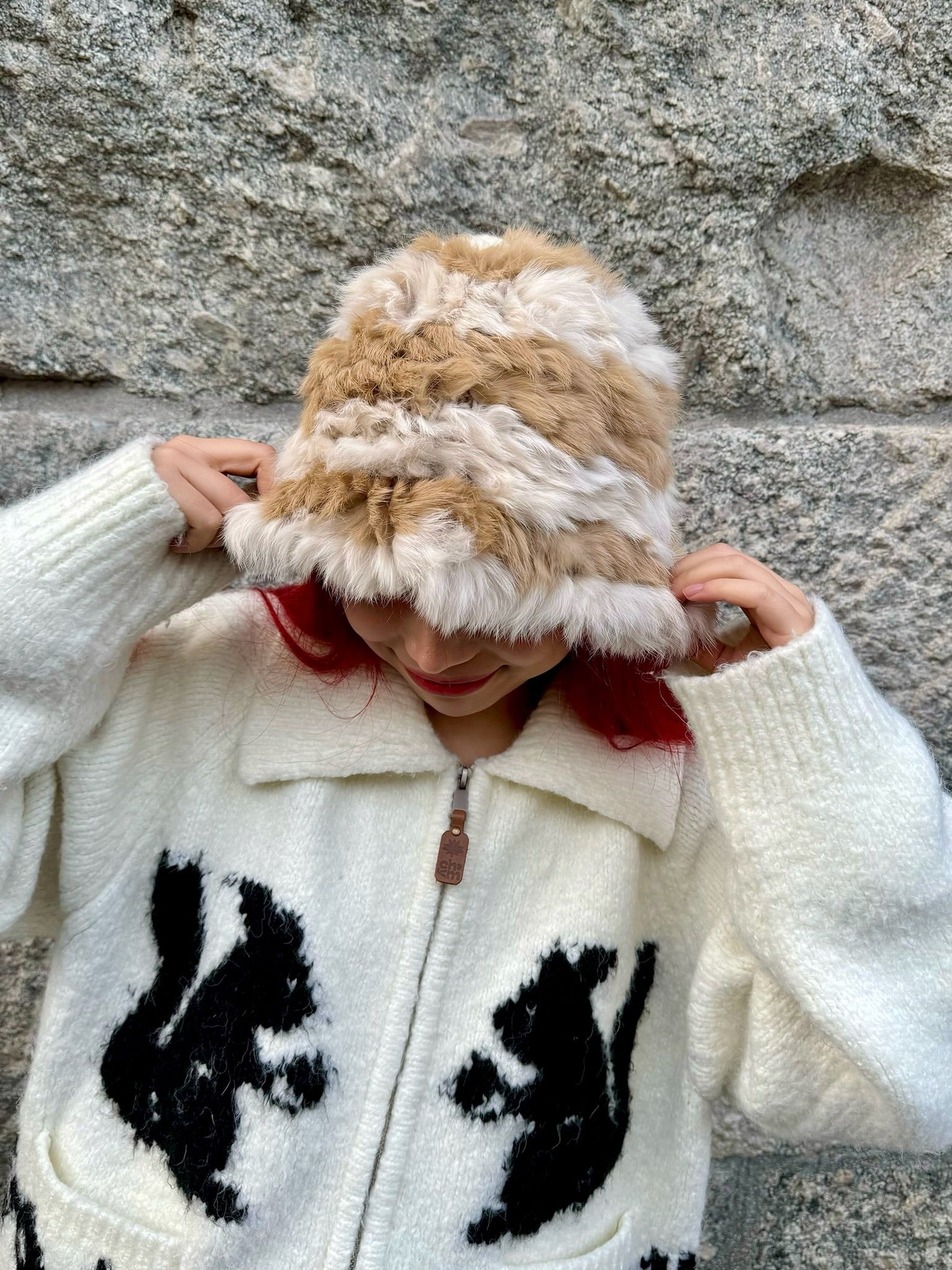 COSiii Hand Woven Fur Beanie Winter Hat