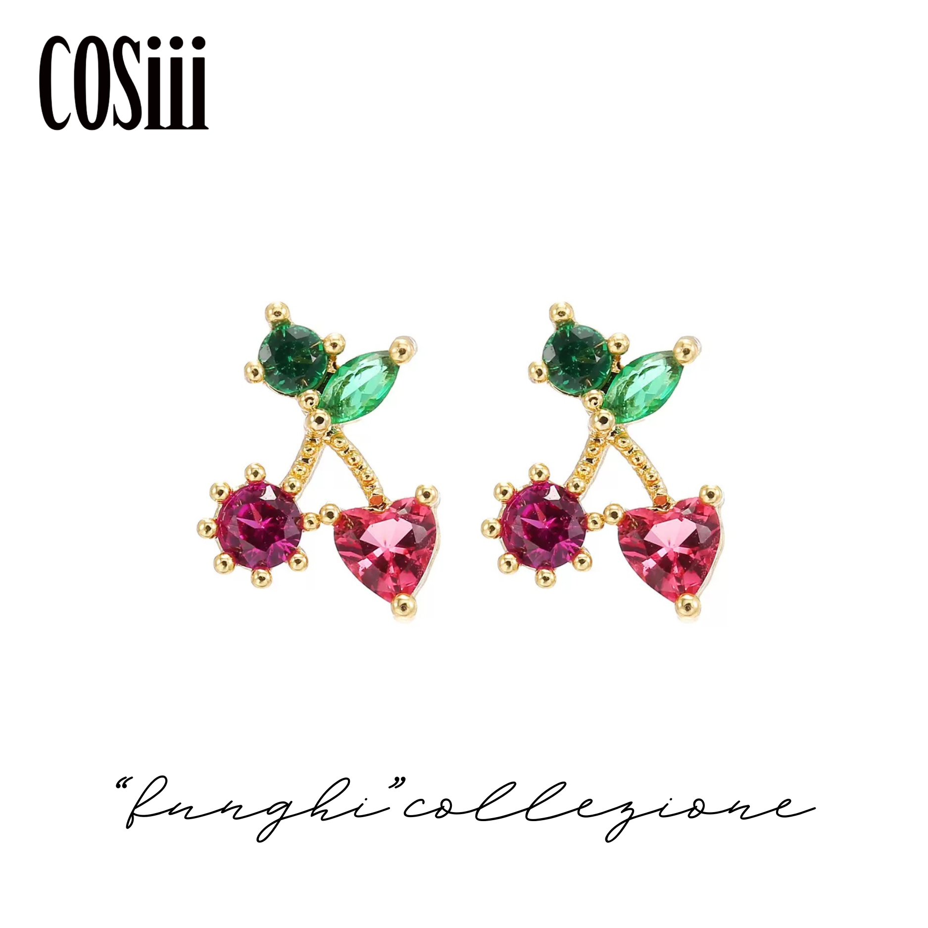 COSiii Orecchini Ciliegia – Serie Frutta, Placcati Oro con Zirconi