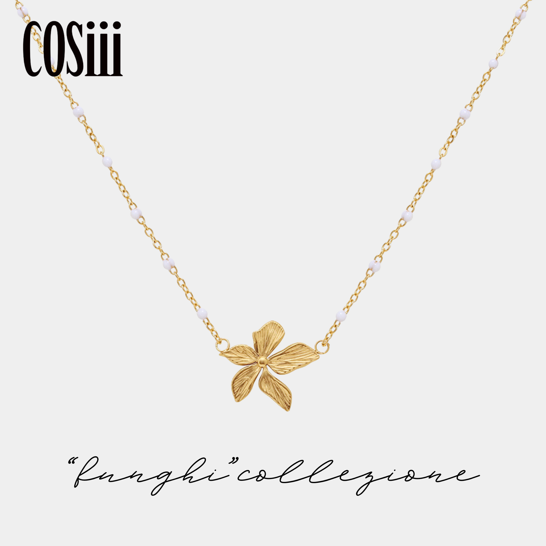 COSiii 14k gold plated white bead petal necklace