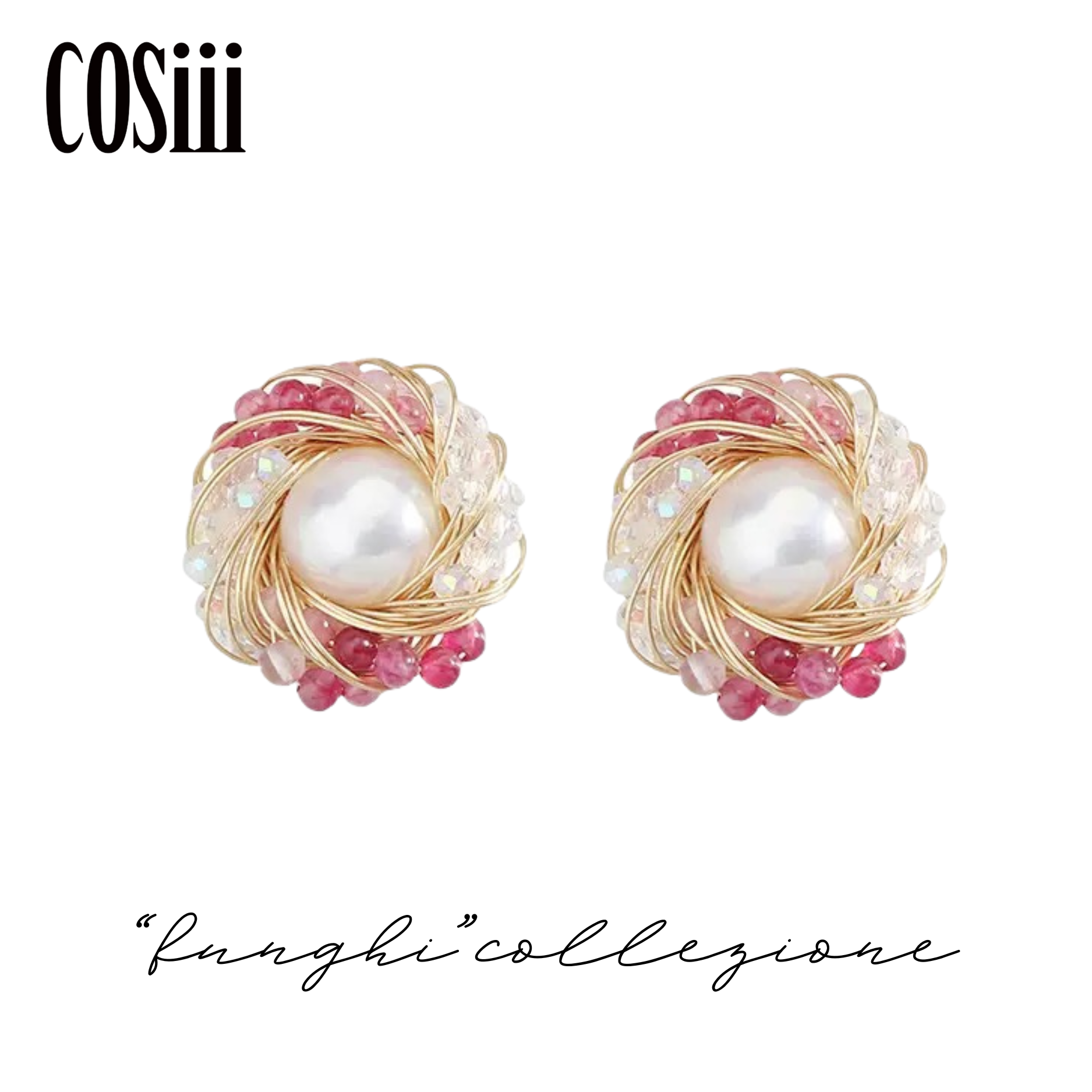 COSiii Orecchini con Perla Naturale, Cristalli e Filo Dorato – Perno in Argento 925