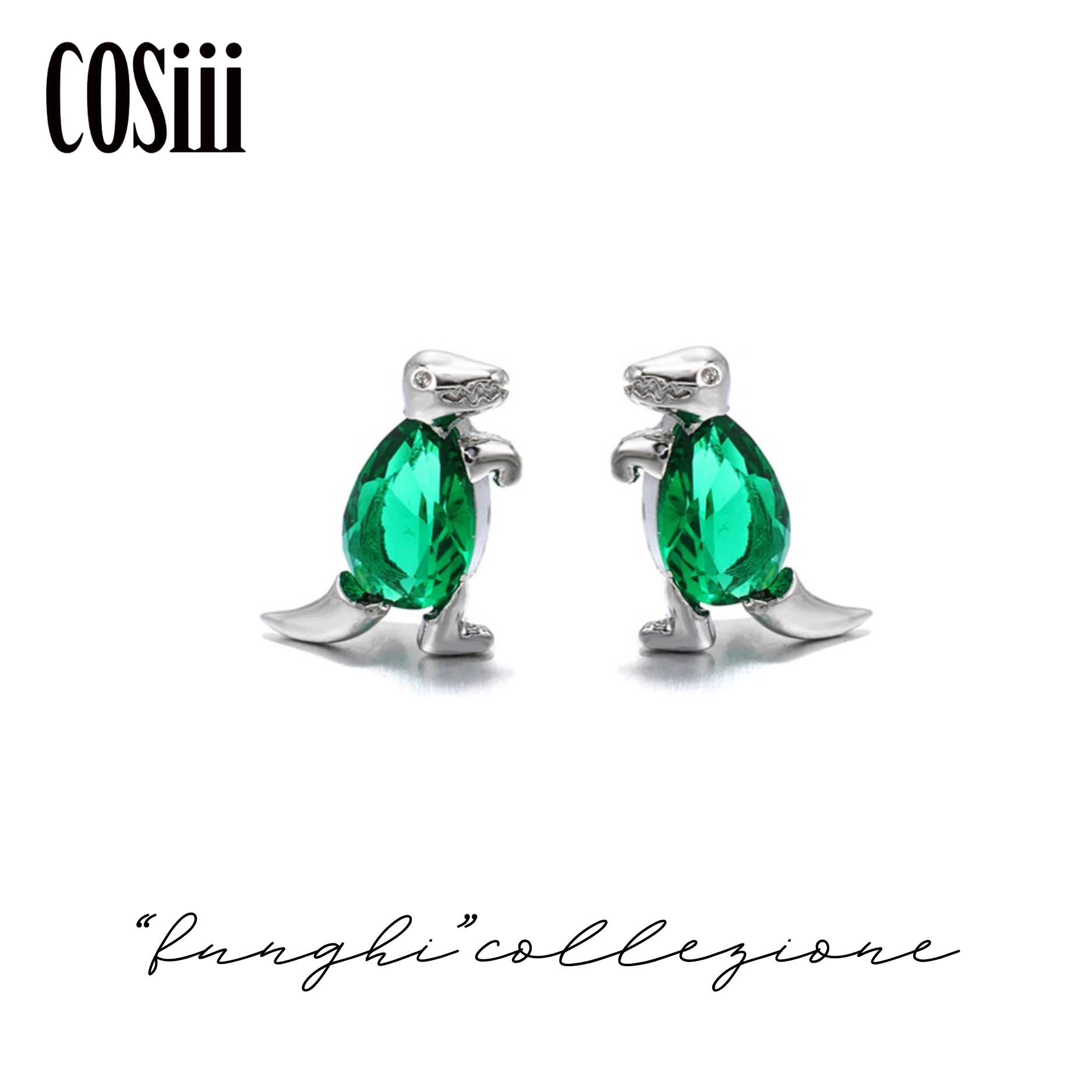 COSiii Orecchini Dinosauro Verde in Argento 925 – Zircone Taglio Goccia, Design Mini e Brillante