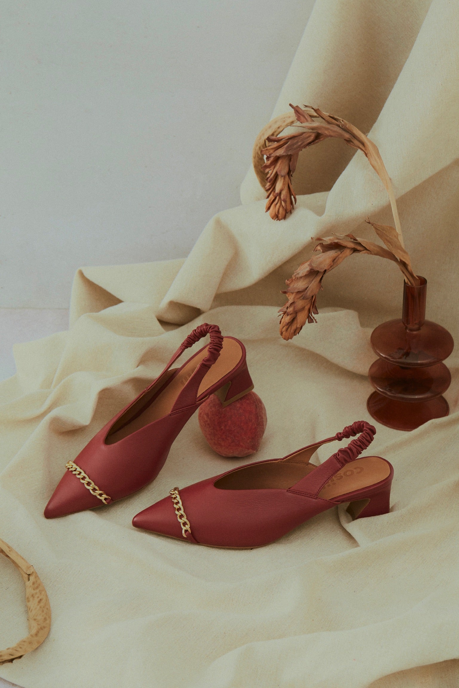 ANICE Chain Point Toe Mid-heel Shoes WINE