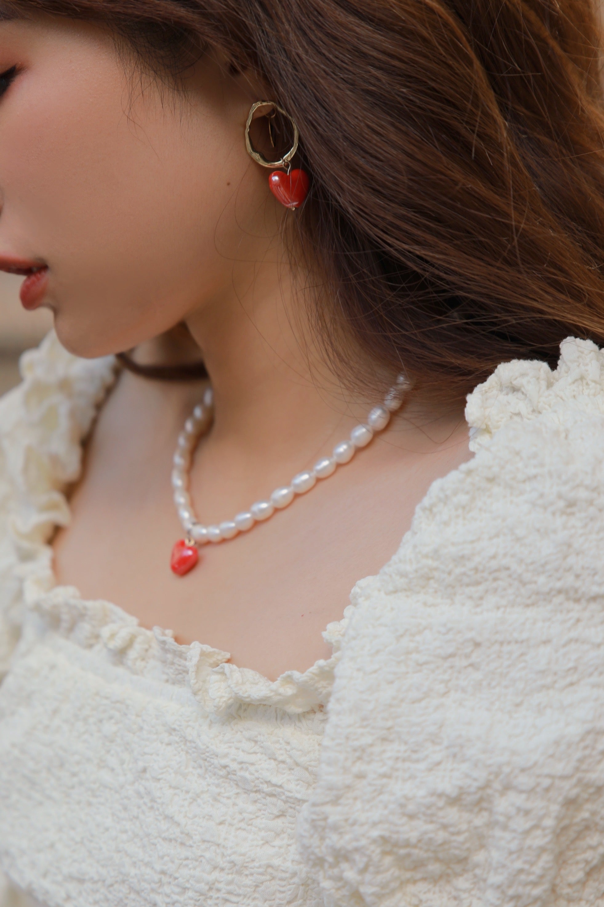 COSiii x Rose.Z Heart Pearl Necklace Red